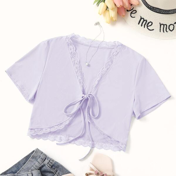 

Tie Front Lace Trim Top, Mauve purple
