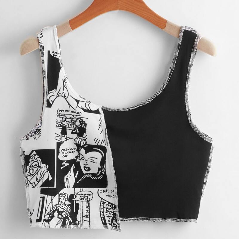 

Stitching Trim Figure Graphic Tank Top, Black and white