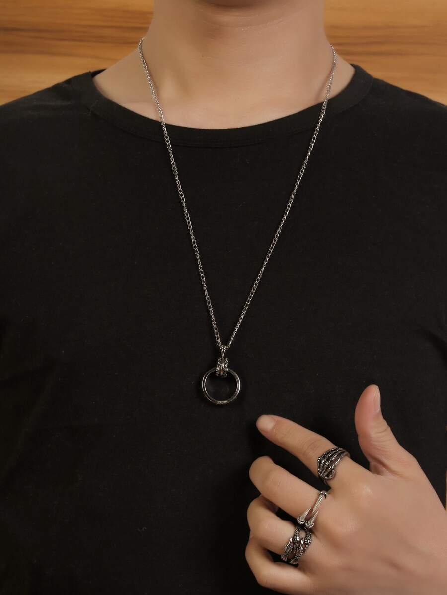 Collar con abalorio de anillo para hombre a la moda y popular y anillo de 3 piezas material de aleación de estilo Punk Hip Pop para regalo de joyería y para un aspecto elegante - Plateado - Ver 1