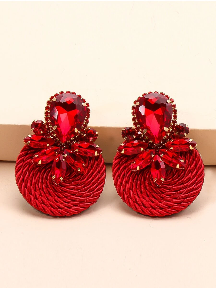 juran Rhinestone & Braided Round Decor Earrings - Red - View 1