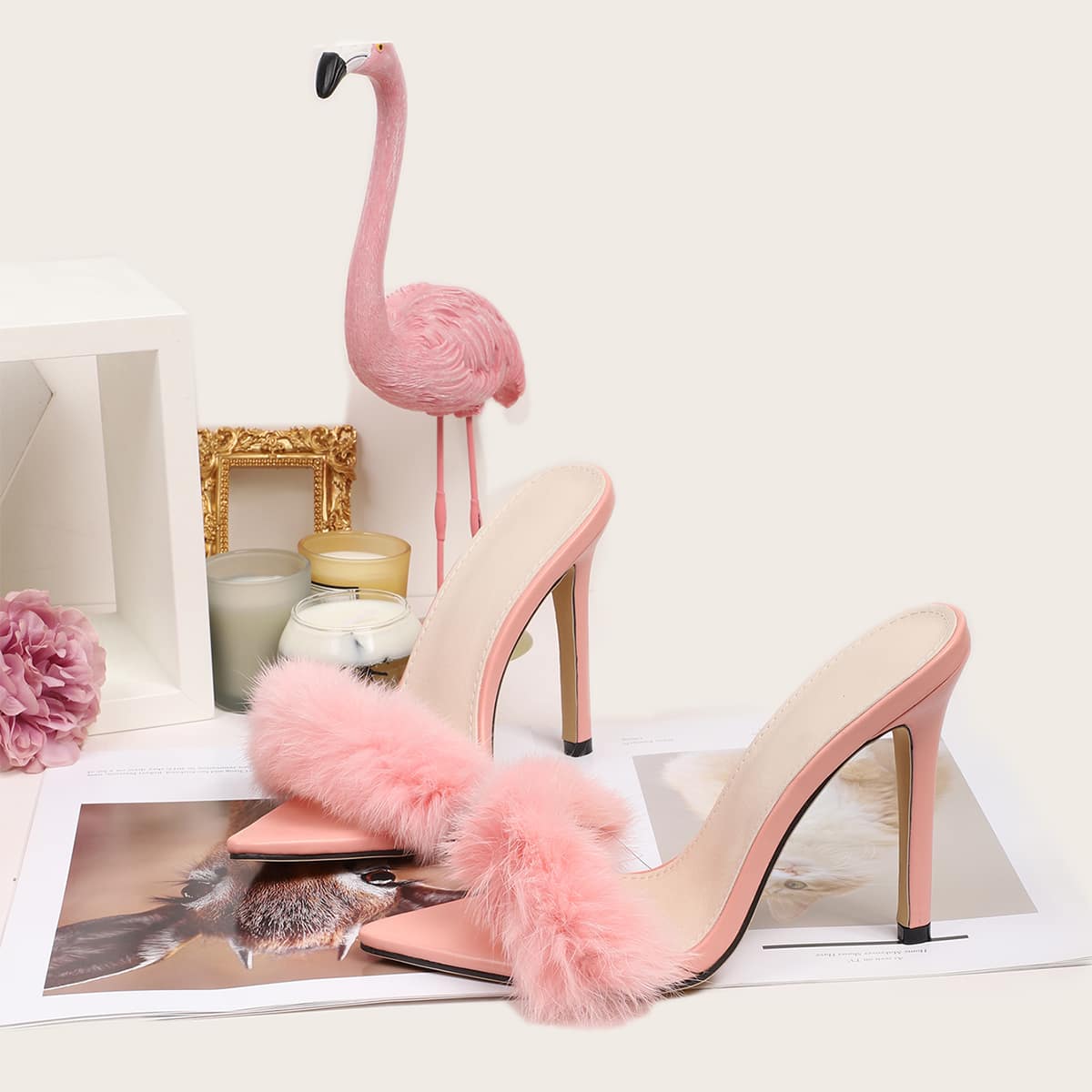 

Fluffy Stiletto Heeled Sandal Mules, Pink