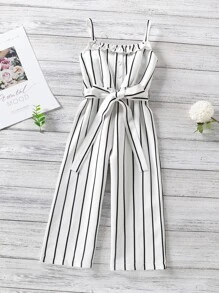 SHEIN 小女童條紋荷葉邊腰帶吊帶連身長褲 - 白色 - 查看 1