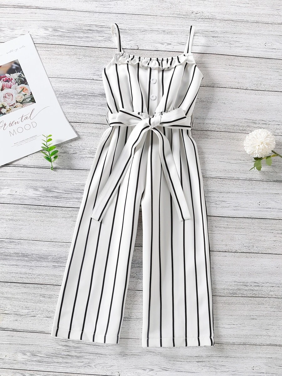 SHEIN 小女童條紋荷葉邊腰帶吊帶連身長褲 - 白色 - 查看 1