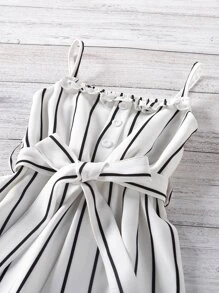 SHEIN 小女童條紋荷葉邊腰帶吊帶連身長褲 - 白色 - 查看 3