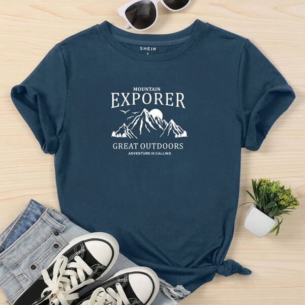 

Mountain & Slogan Print Tee, Navy blue