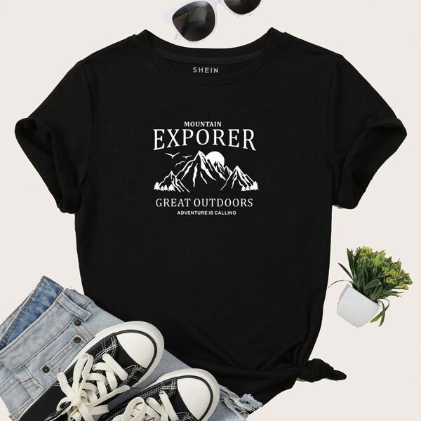 

Mountain & Slogan Print Tee, Black