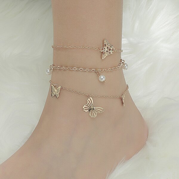 

3pcs Butterfly Charm Anklet, Gold