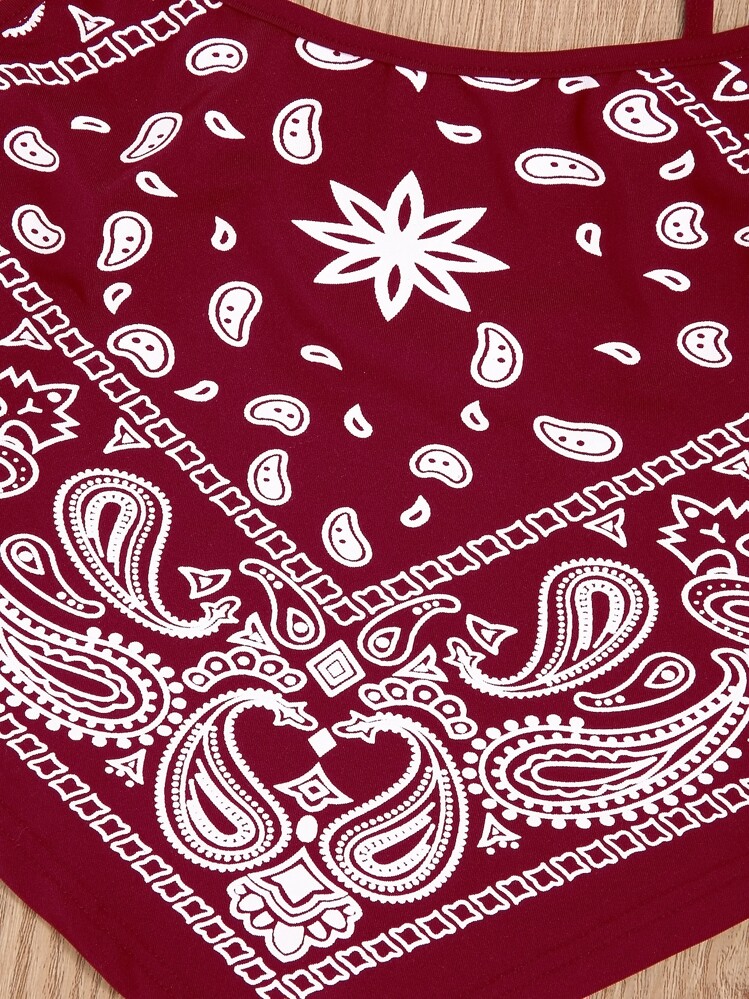 Breezaya 佩斯利印花手帕下擺吊帶上衣 - 酒紅色 - 查看 5