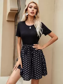 Đầm Thắt lưng Chấm bi Giải trí - màu đen - Xem 1