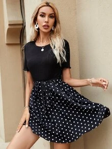 Đầm Thắt lưng Chấm bi Giải trí - màu đen - Xem 3