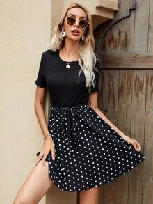 Đầm Thắt lưng Chấm bi Giải trí - màu đen - Xem 4