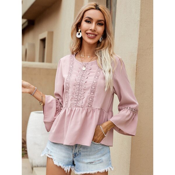

Lace Insert Ruffle Hem Blouse, Dusty pink