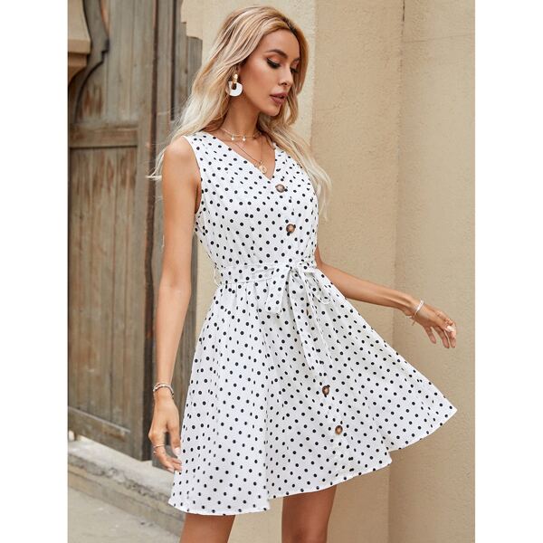 

Polka Dot Button Front Belted Dress, White
