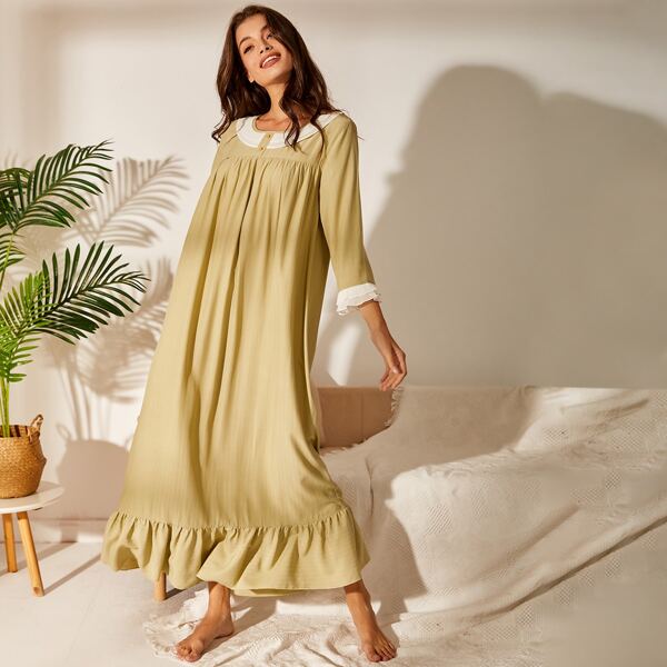 

Contrast Trim Ruffle Hem Smock Dress, Khaki