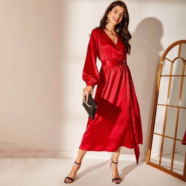 

Satin Surplice Neck Bishop Sleeve Belted Dress, Burgundy