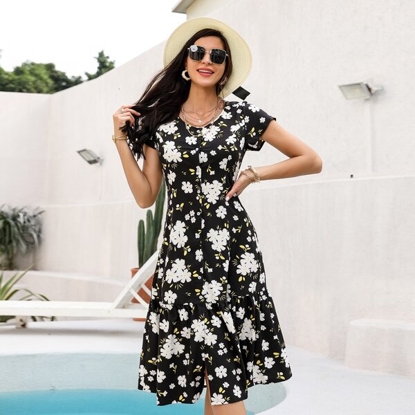 

Allover Floral Print Ruffle Hem Dress, Black