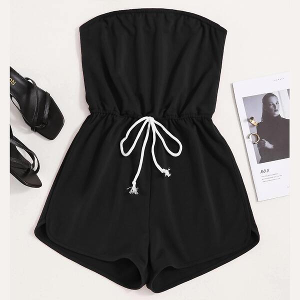 

Solid Drawstring Waist Tube Romper, Black