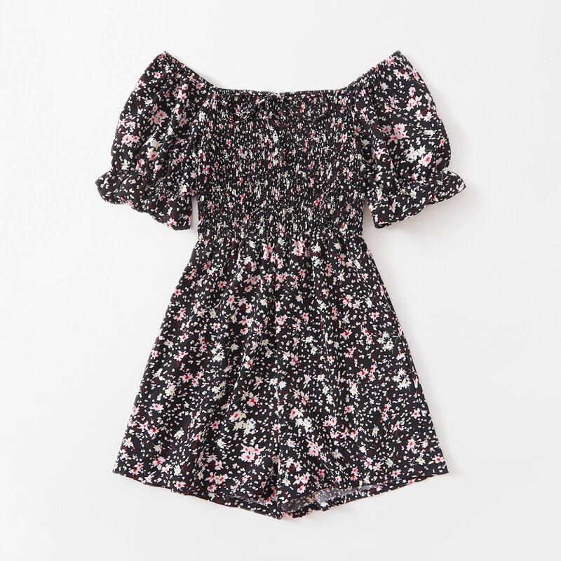 

Ditsy Floral Shirred Romper, Black