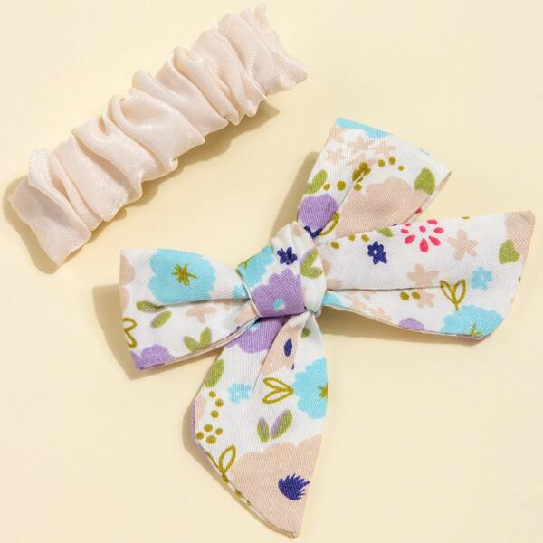 

2pcs Flower Print Bow Decor Hair Clip, Multicolor