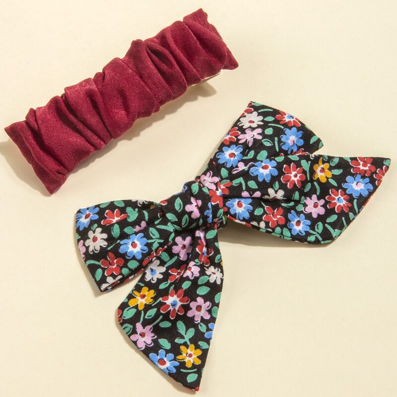 

2pcs Flower Print Bow Decor Hair Clip, Multicolor