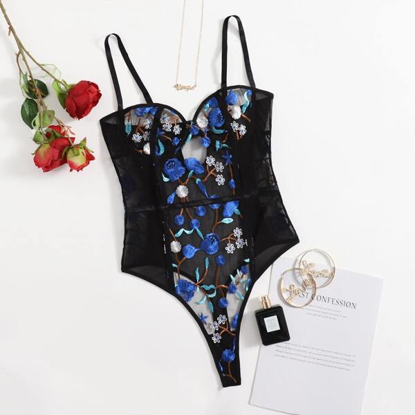 

Embroidery Mesh Underwire Teddy Bodysuit, Blue