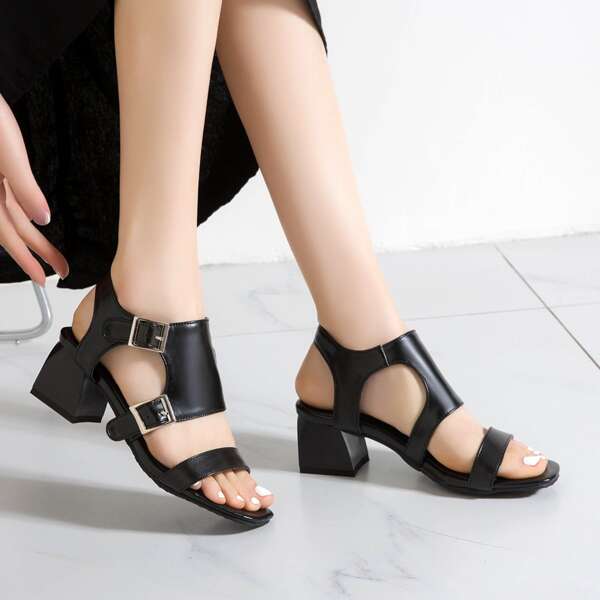 

Minimalist Buckle Decor Cut Out Strappy Sandals, Black