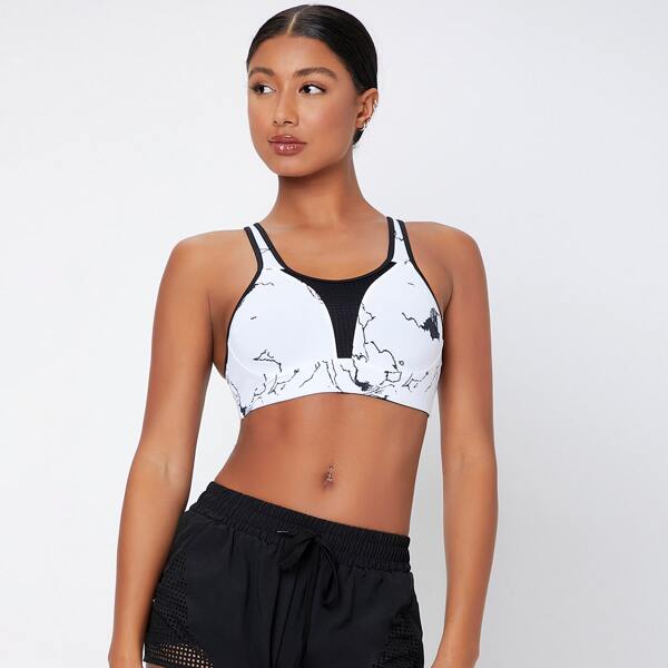 

Contrast Binding Graphic Print Sports Bra, White