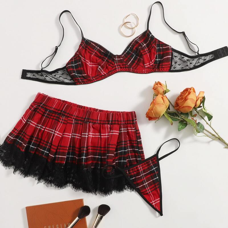 

3pack Tartan Contrast Lace Underwire School Girl Costume Set, Red