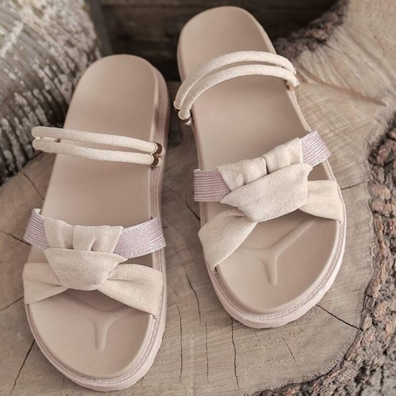 

Knot Strap Flatform Slide Sandals, Beige