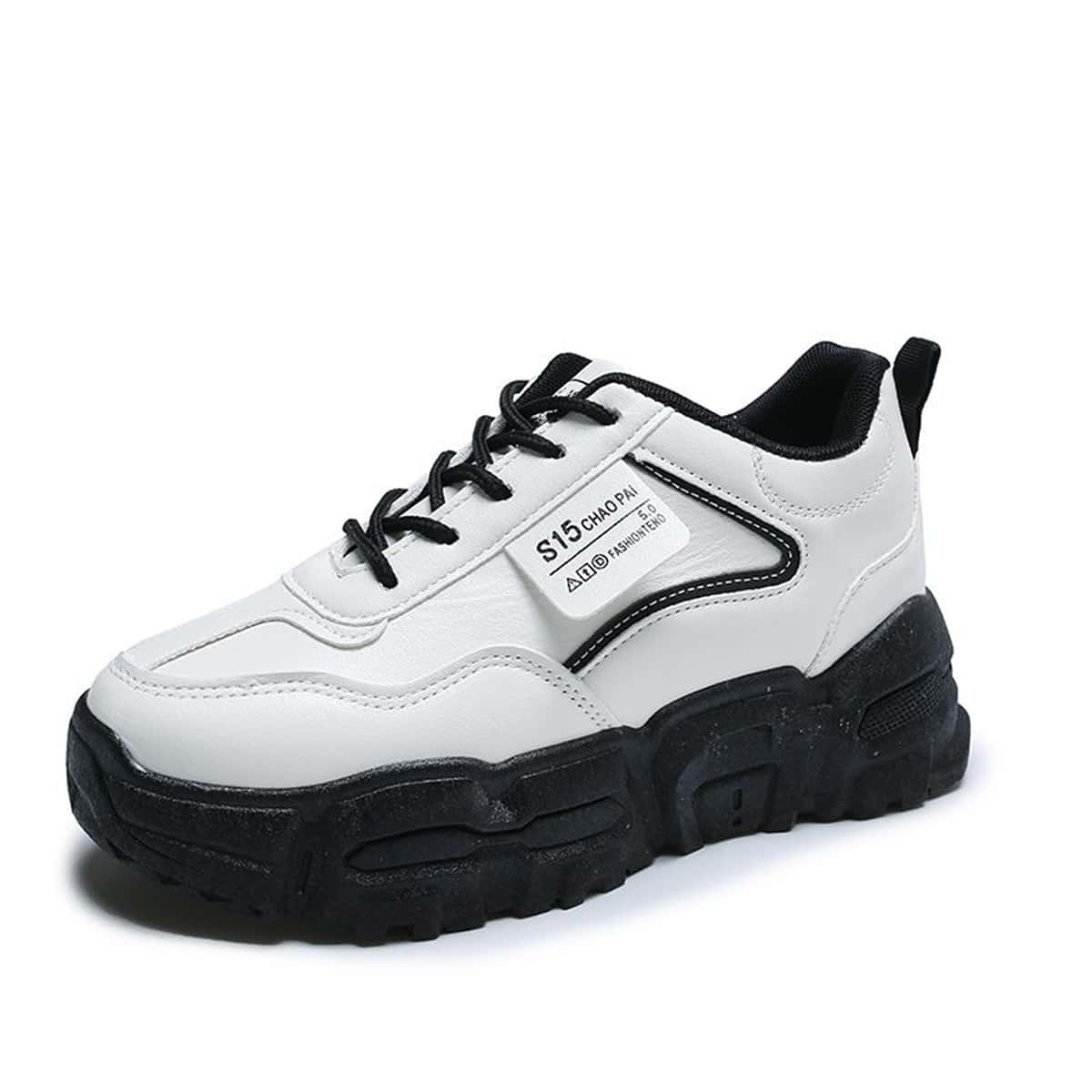 

Colorblock Sole Lace-up Chunky Sneakers, Black and white