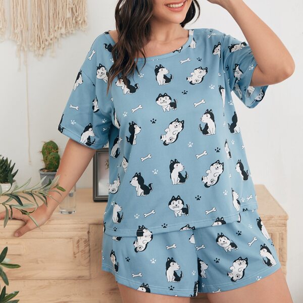 

Plus Cartoon Dog Print Pajama Set With Eyemask, Dusty blue