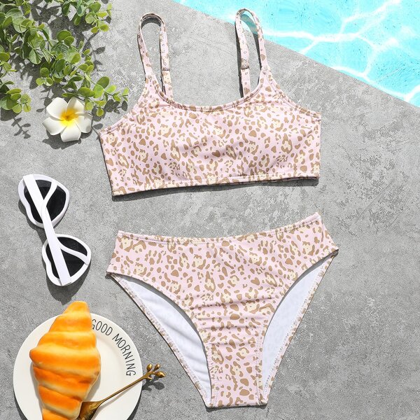 

Girls Leopard Bikini Swimsuit, Coral pink