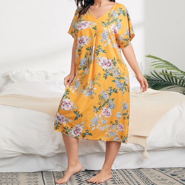 

Plus Floral Print V Neck Night Dress, Yellow