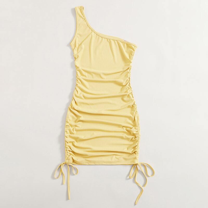 

Solid One Shoulder Drawstring Side Ribbed Bodycon Dress, Yellow