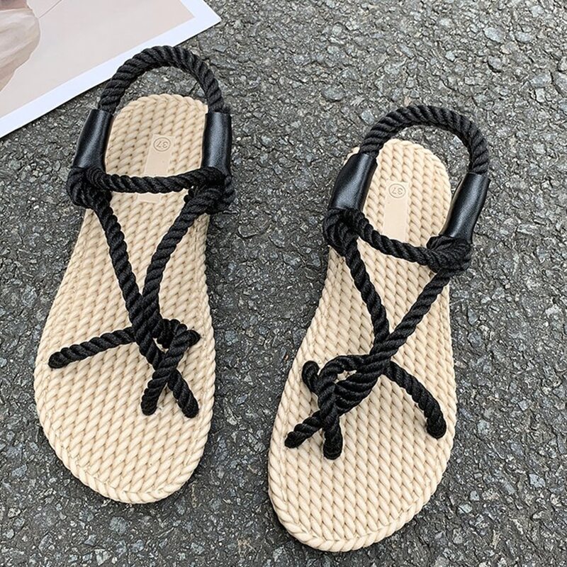 

Rope Ankle Strap Flat Sandals, Black