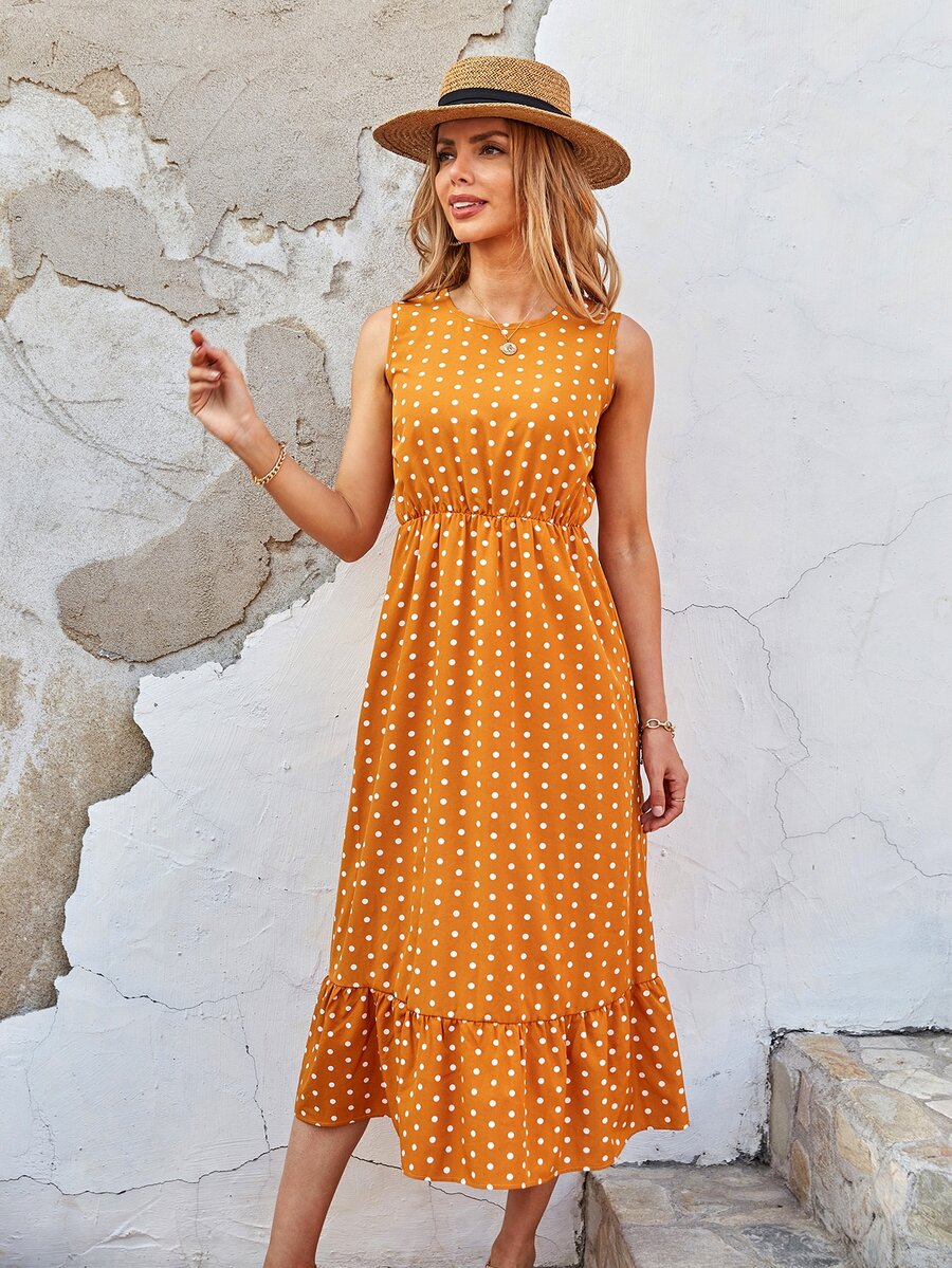 Vestido Volante rígido Lunares Casual - Mostaza Amarilla - Ver 1