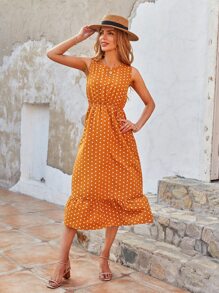 Vestido Volante rígido Lunares Casual - Mostaza Amarilla - Ver 3