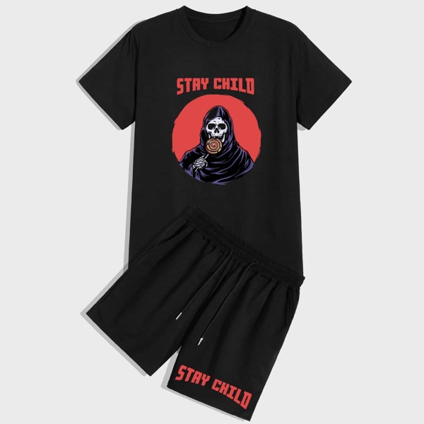 

Men Skeleton Print Tee With Shorts, Black
