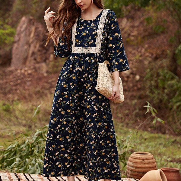 

All Over Floral Print Contrast Lace Smock Dress, Navy blue