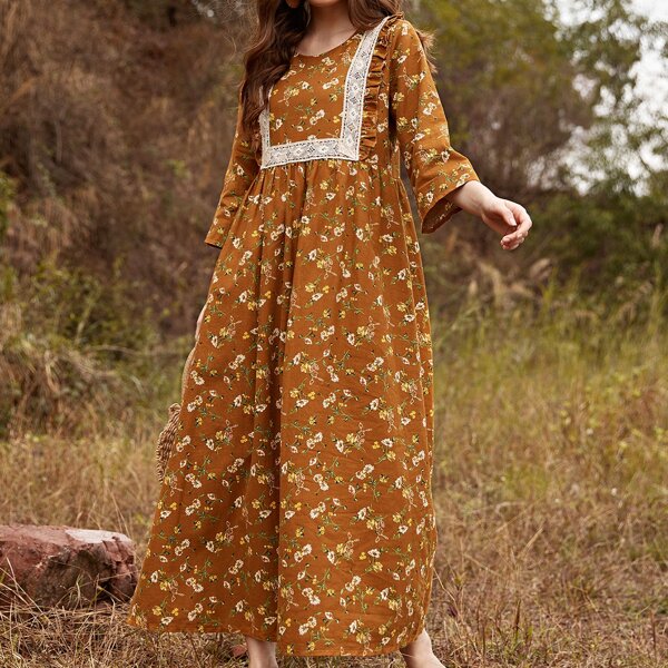 

Lace Panel Frill Trim Allover Floral Dress, Mustard yellow