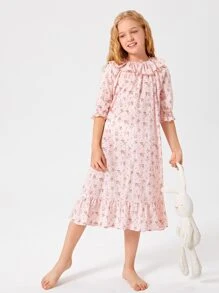 SHEIN 女孩荷葉邊布點點花卉睡衣 - 淺粉色 - 查看 1