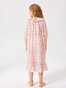SHEIN 女孩荷葉邊布點點花卉睡衣 - 淺粉色 - 查看 2