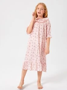 SHEIN 女孩荷葉邊布點點花卉睡衣 - 淺粉色 - 查看 3