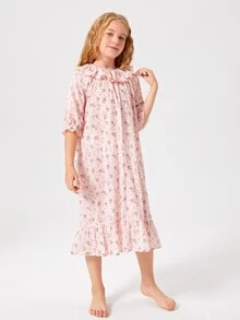 SHEIN 女孩荷葉邊布點點花卉睡衣 - 淺粉色 - 查看 4
