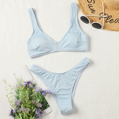 Solid V Neck Bikini Swimsuit