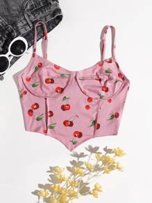 SHEIN EZwear Áo corset màu hồng họa tiết quả anh đào có đường viền bất đối xứng ở phía trước - Hồng - Xem 1