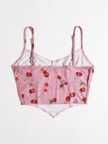 SHEIN EZwear Áo corset màu hồng họa tiết quả anh đào có đường viền bất đối xứng ở phía trước - Hồng - Xem 2