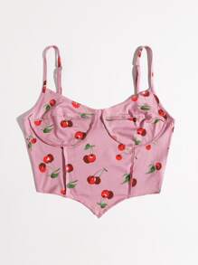 SHEIN EZwear Áo corset màu hồng họa tiết quả anh đào có đường viền bất đối xứng ở phía trước - Hồng - Xem 3