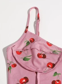 SHEIN EZwear Áo corset màu hồng họa tiết quả anh đào có đường viền bất đối xứng ở phía trước - Hồng - Xem 4