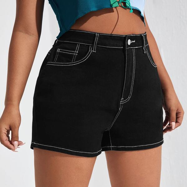 

Plus Contrast Topstitching Denim Shorts, Black
